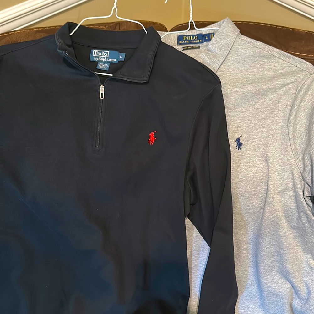Polo brand gray, short sleeve, pullover top, and black, long sleeve jacket.Large